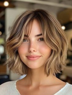 Wavy Chin Length Hair With Bangs, Classic Bob With Curtain Bangs, Short Layered Haircuts With Curtain Bang, Short Length Hair With Curtain Bangs, Modern Bob With Curtain Bangs, Soft Curtain Bangs Wavy Hair, Short Bob Curtain Bangs Straight, Curtain Bangs Bob Hair, Brown Bob Haircut With Bangs