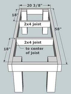 a table with measurements for the top and bottom section, including two feet on each side