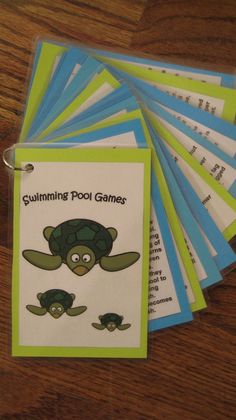 several cards with the words swimming pool games written on them and pictures of sea turtles