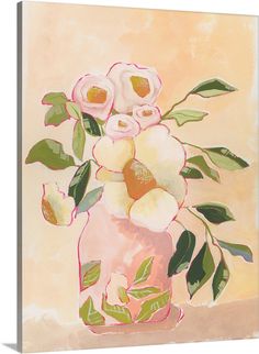 a painting of flowers in a pink vase on a beige background with green leaves and buds