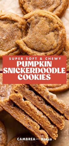 pumpkin spicerdoodle cookies are stacked on top of each other with the words super soft and chewy