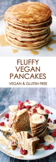 fluffy vegan pancakes are stacked on top of each other