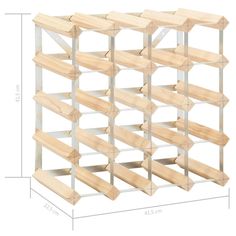 a wooden wine rack with several shelves on each side and measurements for the top shelf