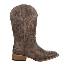 Embrace the perfect blend of style and comfort with the Bailey Laser cowboy boot, featuring a padded lining and an intricate all-over western laser design. Size: 8.  Color: Brown.  Gender: female.  Age Group: adult. Cowboy Casual, Cowboy Ankle Boots, Laser Design, Faux Leather Fabric, Cowboy Boot, 4 Inch Heels, Brown Shoe, Calf Boots, Mid Calf Boots