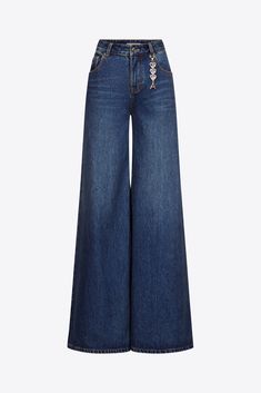 Denim wide leg mid rise jean featuring removable crystal heart charm and 'AREA' crystal nameplate at rear pocket. Zip / fly closure at center front. Available in Dark Medium Wash. Dior Jeans, Expensive Jeans, Trend Jeans, Skirt And Top Dress, Leather Denim, Mid Rise Jeans, Wide Leg Denim, Crystal Heart, Denim Pant