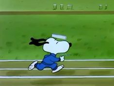 a cartoon character running on a track with another person in the background looking at him