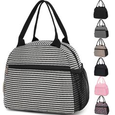 a black and white striped lunch bag with four different colors on the front, one in pink