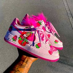 Strawberry Shortcake Air Force Ones Strawberry Nike Shoes, Cookie Monster Air Force 1, Customized Air Forces, Customize Jordans, Strawberry Shortcake Shoes, Custom Dunks Low, Custom Shoes Air Force, Custom Shoes Design, Air Nike Shoes