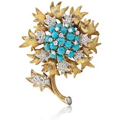 David Webb - Platinum & 18K Yellow Gold Turquoise & Diamond Floral Brooch Extraordinary Jewelry, Emerald Cut Diamond Ring, David Webb, Beautiful Bracelets, Floral Brooch, Yellow Gold Setting, Emerald Cut Diamonds, Lovely Jewellery, Turquoise Gemstone