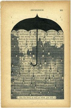 an old book page with the image of a black umbrella and rain drops on it