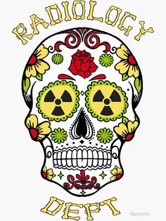 a skull with flowers on it and the words radilory day written in yellow