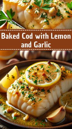 baked codd with lemon and garlic on a plate