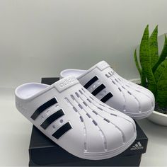 Adidas Originals Adilette Clogs Women’s Size 9 Three Stripes White And Black Nib Made In Vietnam Please Refer To Pictures For Details. Bundle And Save!!! Offers Welcome :) Pink And White Adidas, Adidas Flip Flops, Adidas Sandals, Clogs Women, Adidas Slip, White Slides Sandals, Mens Slide Sandals, Adidas Girl, Shoes Adidas