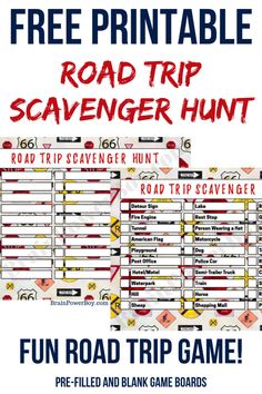 the road trip scavenger hunt game is shown in red and white with an image of