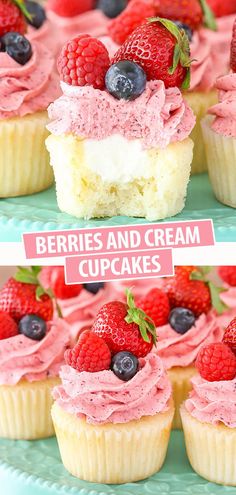 berries and cream cupcakes with raspberry frosting on top are shown