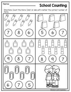 the worksheet for numbers 1 - 10 with pictures of children and their school items