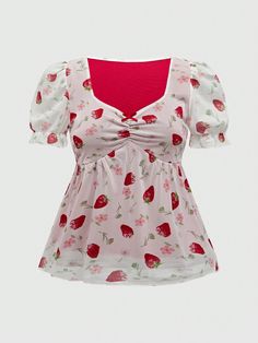 Women's Babydoll Puff Sleeve Strawberry Mesh Kawaii Allover Print T-Shirt, School Multicolor Cute  Short Sleeve Polyester Fruit&Vegetable,All Over Print  Medium Stretch  Women Clothing, size features are:Bust: ,Length: ,Sleeve Length: Strawberry Aesthetic Fashion, Strawberry Clothes, Strawberry Clothing, Strawberry Outfit, Babydoll Shirt, Strawberry Shirt, Flared Sleeves Top