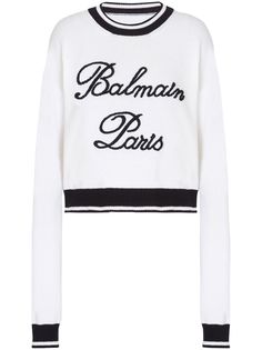 white/black knitted construction crew neck long sleeves embroidered logo to the front contrasting trim straight hem This item is in size 38 and the color is White Luxury Long Sleeve Sweater With Logo Detail, Balmain Embroidery, Balmain Tops Women, Balmain Sweater, Balmain T Shirt, Balmain Sweatshirt, Dress Reference, Contrasting Trim, Crew Neck Jumper