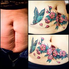 three pictures showing different stages of tattoos on the stomach