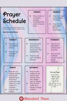 a prayer schedule with the words prayer schedule written in different colors and font on it