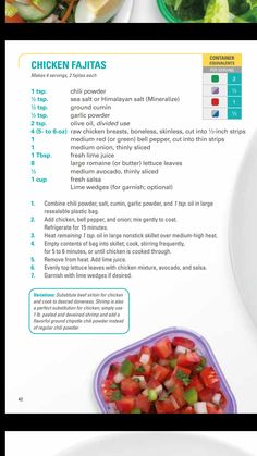 the ingredients for chicken fajitas are shown in this brochure