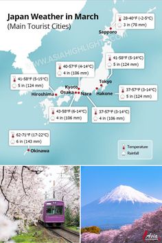 the japan weather in march is shown with cherry blossoms and snow capped mountain behind it