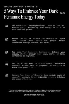 a black and white poster with the text 5 ways to embrace your dark feminine energy today