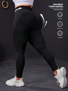 Black  Collar  Fabric Plain Skinny Embellished High Stretch  Women Plus Activewear Solid Color Sportswear Leggings, Black Sports Leggings With Snug Fit, Black Snug Fit Sports Leggings, High Stretch Full-length Activewear For Jogging, High Stretch Full Length Jogging Tights, Black Leggings For Sports, Black Snug Fit Leggings For Sports, High Stretch Full Length Tights For Jogging, High Stretch Solid Yoga Pants For Jogging