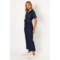 Introducing the perfect addition to your casual wardrobe: our Denim Jumpsuit! With its V-neckline, collared neckline and short sleeves with rolled cuffs, this jumpsuit is sure to become your new go-to. Shipt Shopper, Denim Jumpsuit, Contrast Stitch, Dark Denim, Casual Wardrobe, Waist Tie, Online Purchase, Fabric Care, Fitness Fashion