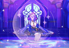 an anime character sitting on the ground in front of a window with stars and bubbles