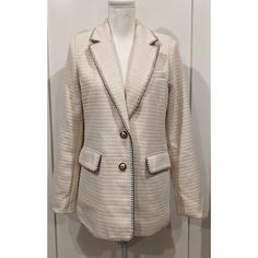 7 For All Mankind Blazer Jacket Gorgeous Textured Knit Blazer Jacket In Cream Color With Black Accent Stitching. Gorgeous Metal Button Closure, Fully Lined, Back Vent, Front Flap Pockets, Shoulder Pads For Structure. Super Trendy And Classic At The Same Time. This Piece Is Timeless. Approximate Measurements: Pit To Pit: 20 Length: 28.5" Hips: 20" New With Tags Size M B1 Winter Tailored Cream Blazer, Cream Tailored Blazer For Winter, Winter Cream Tailored Blazer, Off White Blazer For Fall Workwear, Off White Blazer For Workwear In Fall, Off White Long Sleeve Blazer For Fall, Double-breasted Blazer With Double Button Closure, Double-breasted Cotton Blazer With Buttons, Luxury Single Button Double-breasted Blazer