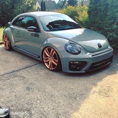 a grey car parked in front of some bushes