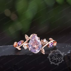 Vintage pear shaped lavender amethyst engagement ring Rose gold gemstone promise ring Nature inspire leaf moon ring Jewelry gifts for women Engagement ring Center Stone:Lavender Amethyst Cut: Pear shaped Size:6*8mm Side stone: Amethyst + Moissanite Weight: 0.12ctw Width: 1.5mm Thickness: 1.2mm Wedding band Stone: Amethyst + Moissanite Weight: 0.12ctw Width:1.2mm Thickness: 1.2mm Ring Metal: 925 sterling silver or 10K/14K/18K Yellow/ White/Rose Gold or platinum  Processing time Dute to all our je Elegant Lavender Crystal Ring For Weddings, Elegant Lavender Crystal Wedding Ring, Elegant Purple Jewelry Promise Ring, Elegant Lavender Promise Rings, Elegant Purple Jewelry For Promise Ring, Elegant Lavender Crystal Ring, Delicate Amethyst Gemstone Ring For Anniversary, Purple Rose Cut Diamond Jewelry For Wedding, Delicate Gemstone Ring Jewelry