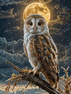 an owl sitting on top of a tree branch with the moon in the sky behind it