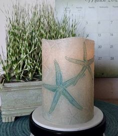 a candle that is sitting on top of a table next to a potted plant