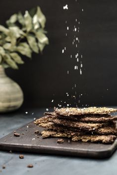 a stack of crackers sprinkled with salt on a cutting board next to a potted plant