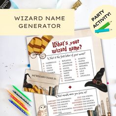 the wizard name generator is on top of a table with pens, pencils and other items