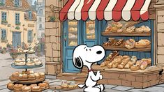 a cartoon dog is standing in front of a store selling breads and pastries