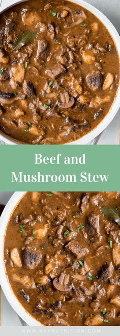 beef and mushroom stew in a white bowl