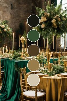 the table is set up with gold chairs and green linens, greenery and candles