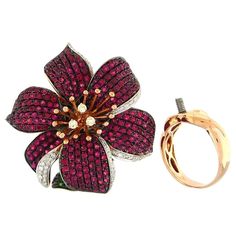 Red Diamond Brooch Jewelry, Red Diamond Brooch, Red Sapphire, Green Garnet, Diamond Cocktail Rings, Diamond Flower, Flower Ring, 18k Rose Gold, Cocktail Rings