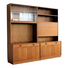 a wooden bookcase with glass doors and drawers