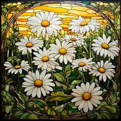 a stained glass window with white daisies in the center and yellow sun behind it