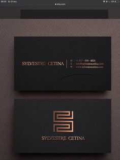 two black and gold business cards with the letter e on them, both in different colors