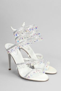 Chandelier Sandals in white leather, snake strap, two straps, leather sole, crystals detail, heel 115mm, 100% leather, Made in Italy Jeweled Shoes, Prada Leather, Iconic Women, Sneaker Wedge, Italian Luxury, Card Holder Leather, Manolo Blahnik, Luxury Shoes, Luxury Boutique