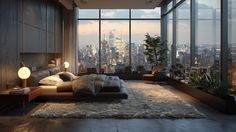 a bedroom with large windows and a view of the city at night in the background