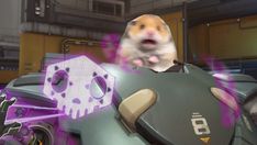 a hamster is sitting on top of a robot in a room with purple lights