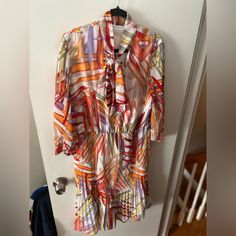 A Beautiful Never Worn New York And Company Dress About Knee Length Casual White Dress With Colorful Pattern, Casual Multicolor Rainbow Print Dress, White V-neck Dress With Colorful Pattern, Casual Rainbow Print Vacation Dress, Casual Rainbow Print Dress For Vacation, Multicolor Knee-length Dress For Brunch, Multicolor Printed Dress For Brunch, Multicolor Rainbow Print Dress, White Midi Dress With Vibrant Print For Vacation