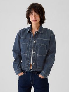 Cropped Denim Jacket Fall Jacket Outfit, Fall Jackets Outfit, Denim Utility Jacket, Denim Cropped Jacket, Soft Summer Palette, College Clothes, Gap Style, Dark Denim Jacket, Water Saving