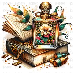 an old fashion perfume bottle with flowers and leaves on it next to some books, ink pens